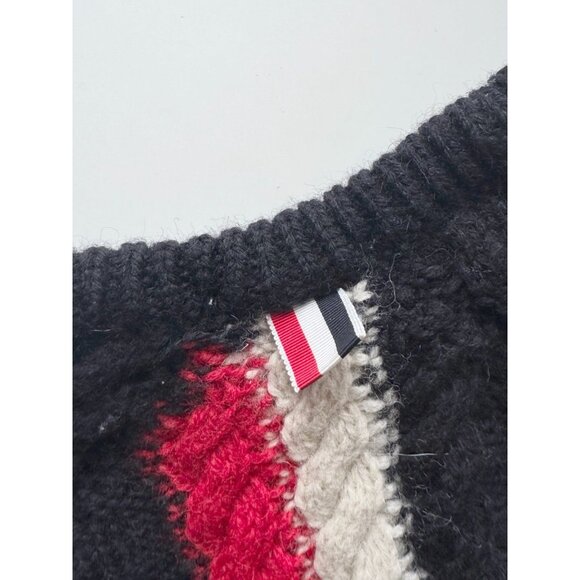 THOM BROWNE Navy Aran Merino Wool Cable Knit Crew Neck Pullover Sweater, Size 5 - Picture 10 of 16
